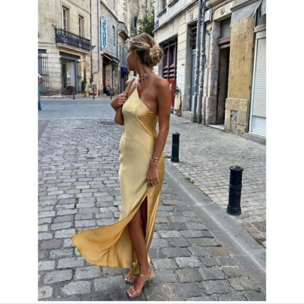 Commense One-Shoulder Satin Maxi Dress in Gold
